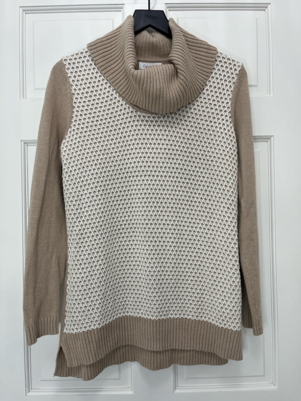 Calvin Klein Tan Cream Honeycomb Knit Cowl Neck Sweater Size Medium M